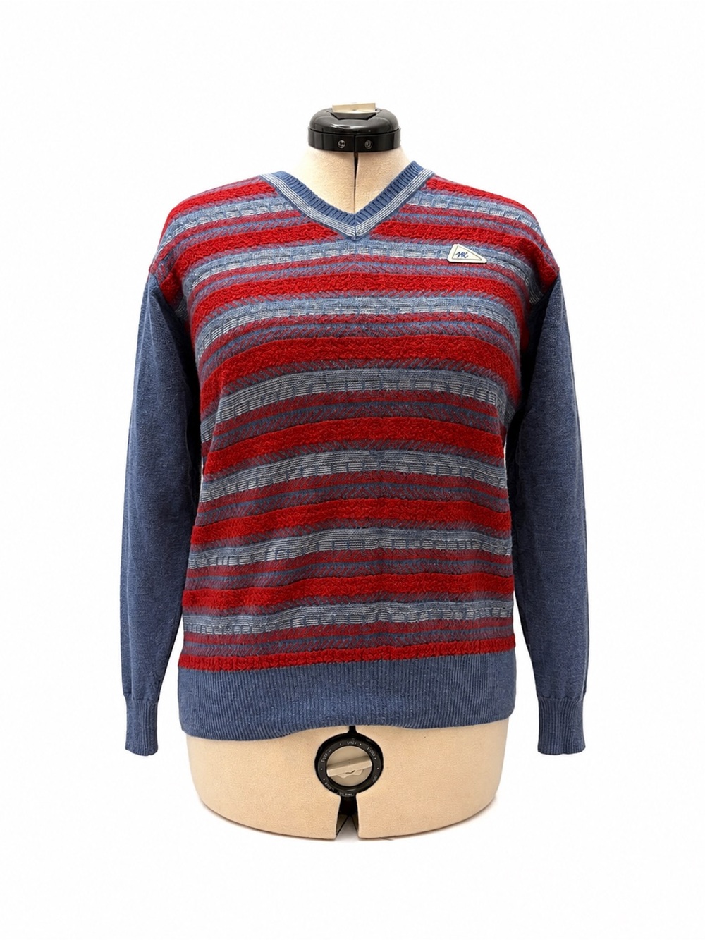 Vintage Monte Carlo Men's Large Pure New Wool Sweater Red Blue V Neck Woolmark